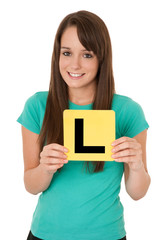 Girl holding yellow L plate