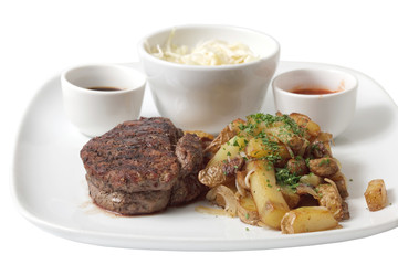 fried steak and sauces on a white plate