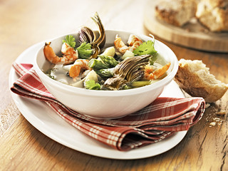 Asparagus soup with crabs and coriander.