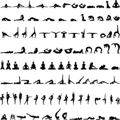 Various yoga postures silhouettes vector - obrazy, fototapety, plakaty