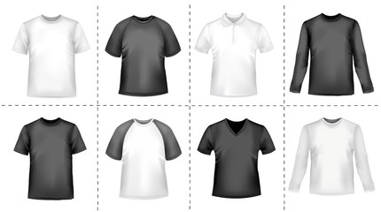 Black and white men polo shirts and t-shirts. Vector.