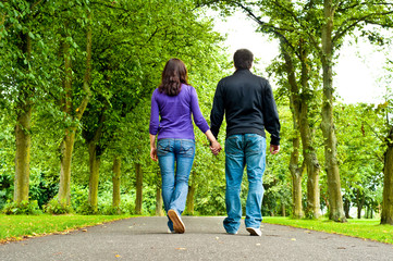 couple holding hands and walking in a park - obrazy, fototapety, plakaty