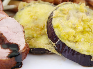 eggplant tempura, bacon wrapped pork & balsamic vinegar