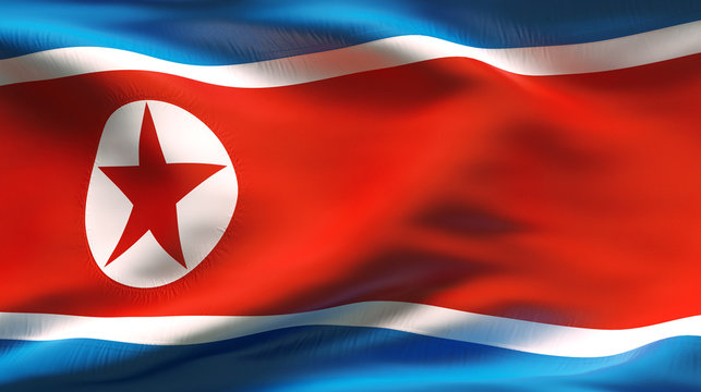 Creased North korea satin flag in wind with seams and wrinkle