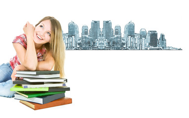 attractive student girl with pile of books on city background