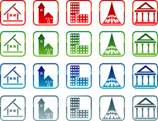 Color building and house icon on the white background