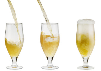 Alcohol light beer pouring into a glass isolated over white.