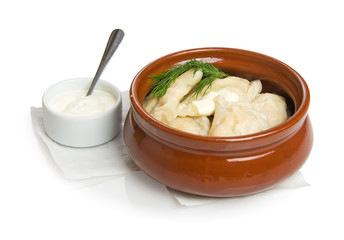 Russian dumplings with meat, fish, curds, sauerkraut or potato