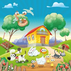 Poster Thuis met dieren. Cartoon en vector illustratie. © ddraw