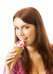 Young happy woman eating ice-cream, isolated on white
