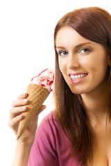 Young happy woman eating ice-cream, isolated on white