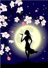 Cercles muraux Femme fleurs arbre en fleurs, femme et lune