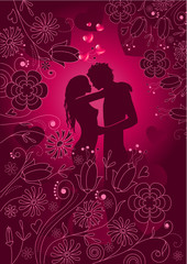 Floral greeting card with silhouette of people