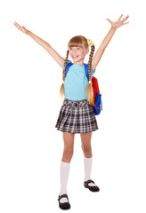 Schoolgirl with backpack hand up.