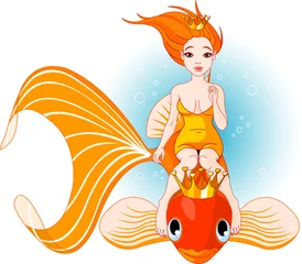 Abwaschbare Fototapete Meerjungfrau Meerjungfrau reitet auf einem goldenen Fisch