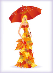 Autumn lady with red umbrella, vector