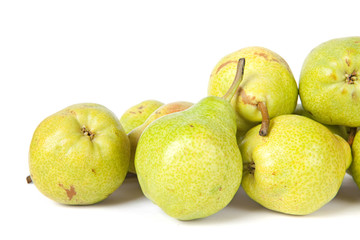 heap of fresh tasty pears on white background