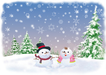 winter background with snowman couple