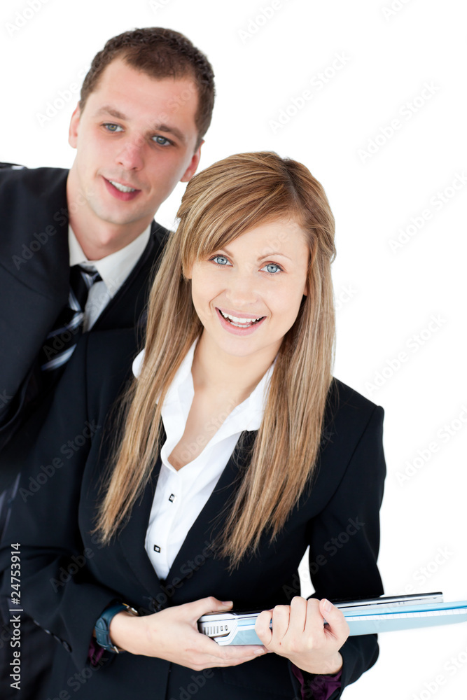 Canvas Prints Cute business woman holding documents