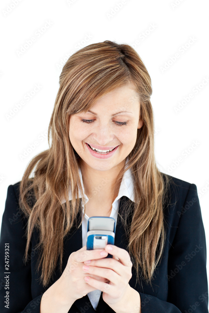 Sticker Bright blond businesswoman writing a message on her cellphone