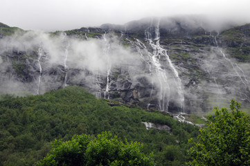 Waterfall above Lovatnet Lake, Norway