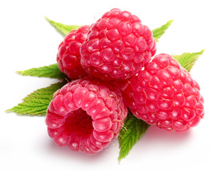 Macro shot of appetizing raspberries over white.