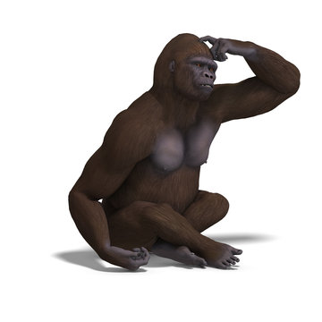 gorilla thinking. 3D rendering with clipping path and shadow ove