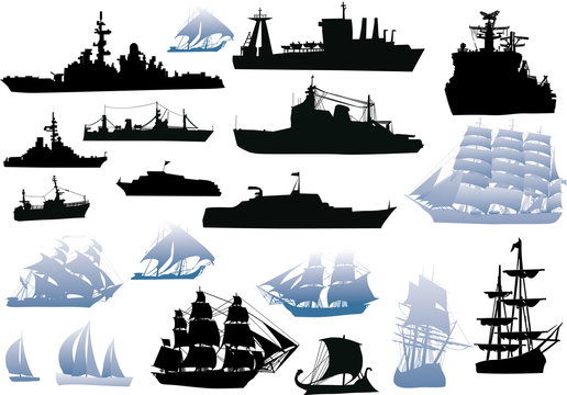 set of black and blue ship silhouettes