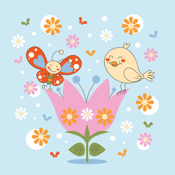 Butterfly and Bird friends dancing in a flower