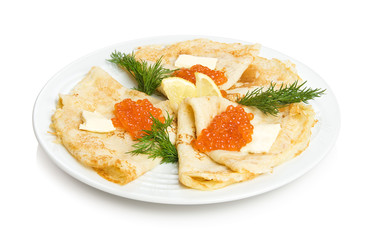 Russian pancakes with red caviar