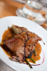 glazed duck breast with cream sauce and fresh vegetable