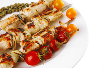 roasted pork kebab on white