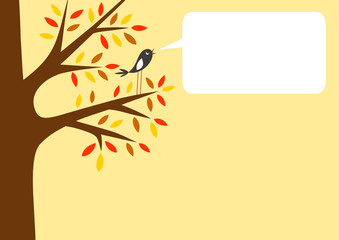 Autumn tree and little bird with word bubble for your text