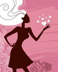 Beautiful girl silhouette with a hearts