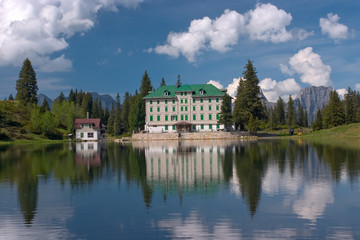 Alpine landscape with hotel in Flumserberg, Switzerland.