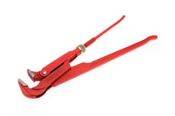 A red pipe wrench isolated on a white background