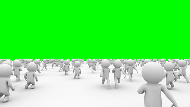 3d white cartoon crowd running from the camera to green screen