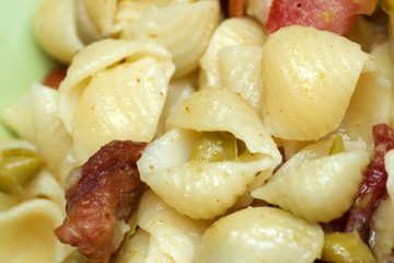 closeup of bacon pea pasta