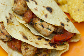 charred tomato chicken tacos