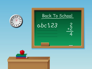 A vector of a classroom with a desk, chalkboard, chalk, books