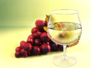 A bunch of red grape and wineglass