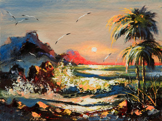 Sea landscape with palm trees and seagulls