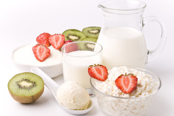 Dairy products, strawberries and kiwi
