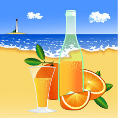 oranges and a glass of juice on the beach