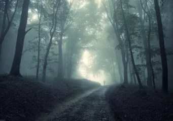 Tuinposter man wandelen in een groen bos met mist © andreiuc88