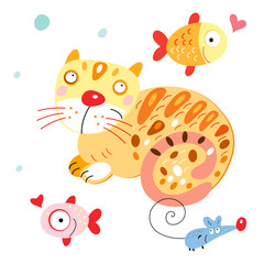 Funny cat with fish and mouse