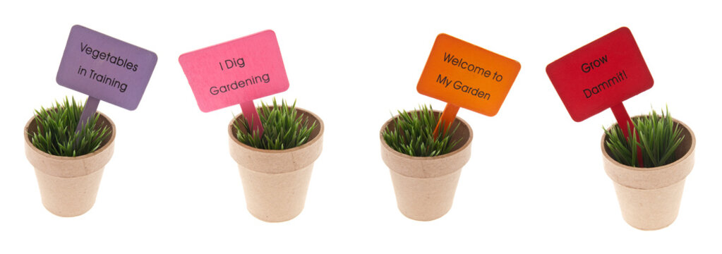 Pots of Grass with Garden Related Signs