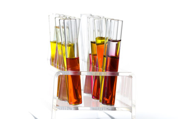 Rack with test tubes of colored liquid isolated on white
