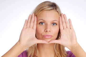 Fototapeta premium Atractive blonde woman in violet sweater