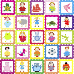 baby background with various toys, for kindergarten